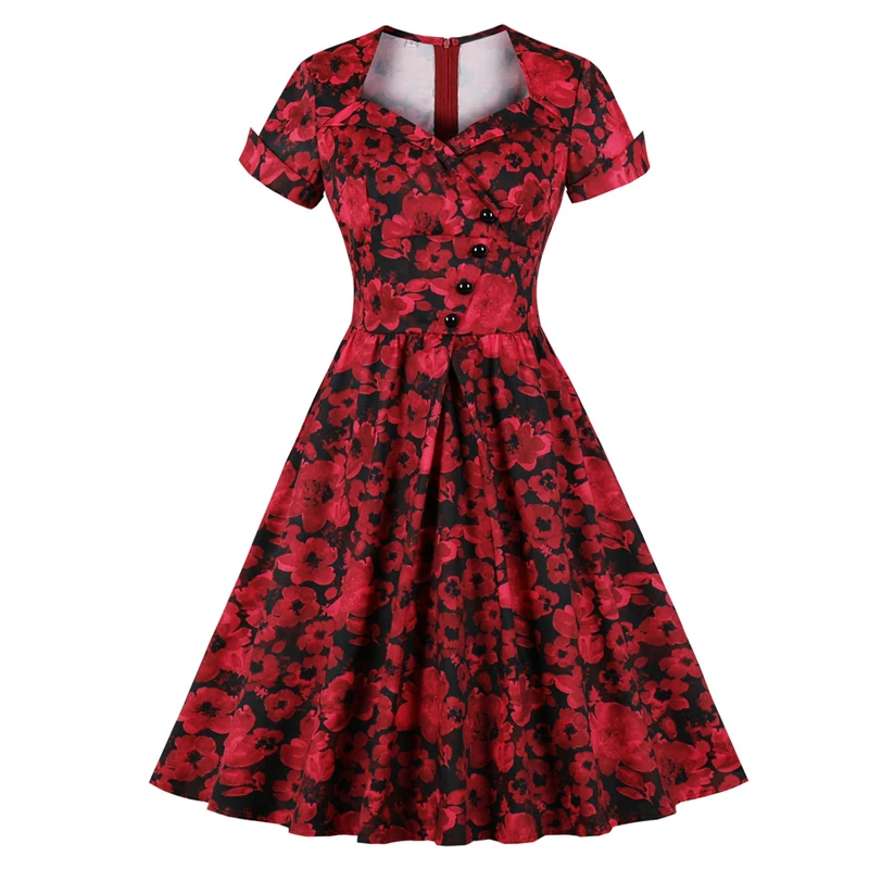 

Red Flower Floral Vintage Wrap Dress Elegant Button Front Sexy V Neck Short Sleeve Pleated Women Clothing Retro Pin Up Dresses