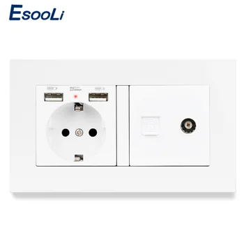 

Esooli Plastic Panel EU Standard Wall Socket 2 USB Charge Port Hidden Soft LED +Female TV Connector and Telephone Connector