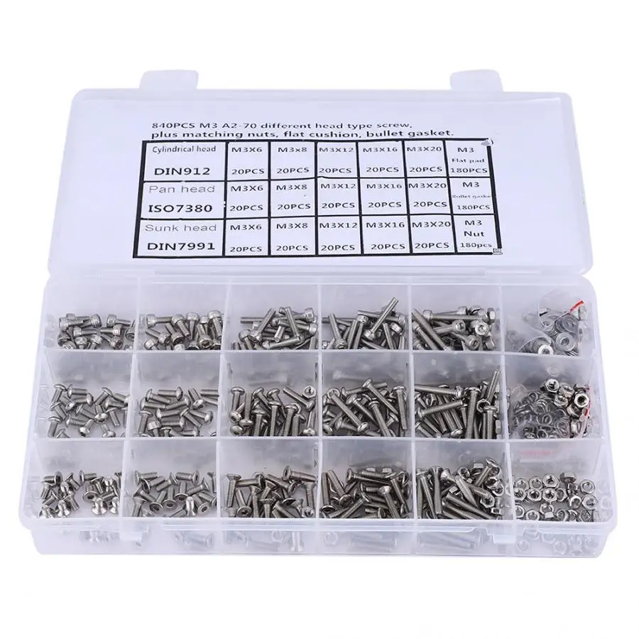 

840PCS/pack M3 Stainless Steel Cylindrical Countersunk Pan Head Screw Nut Washer Kit ceramic washers