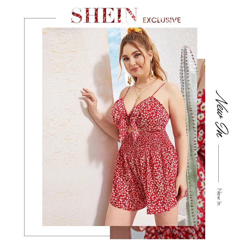 SHEIN/большие размеры, с галстуком спереди, с красной талией, с цветочным принтом, Peekaboo, комбинезоны, женские летние туфли с ремешками, Boho, для отдыха, пляжный комбинезон