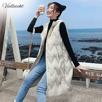 

Vielleicht Winter Women Vest Casual Long Hooded Waistcoat Zipper Pocket Thicken Warm Sleeveless Sintepon Parka Vest For Female