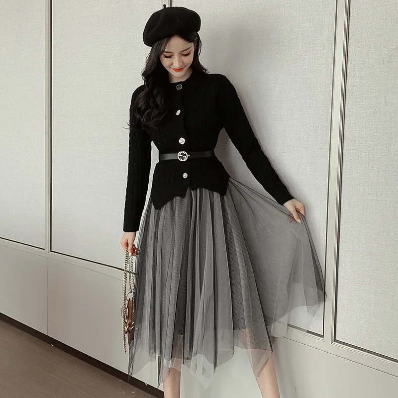 

Photo Shoot 2019 Korean-style Ladies' Irregular Knitted Cardigan WOMEN'S Suit Dreamy Xian Qi Mesh Skirt Two-Piece Set