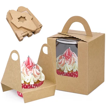 

FashionKraft Paper Cupcake Box-50 Packs Single Bread Box, Window Insert and Handle, Pastry Box Disposable Takeaway Container