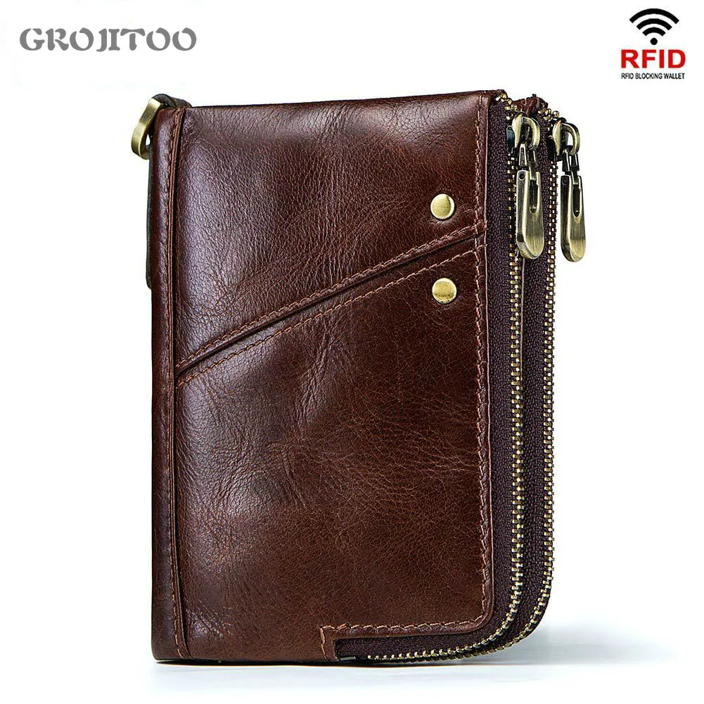 

GROJITOO Anti-theft brush genuine leather men's wallet multi-functional double zipper vertical wallet Fashion Casual coin purse