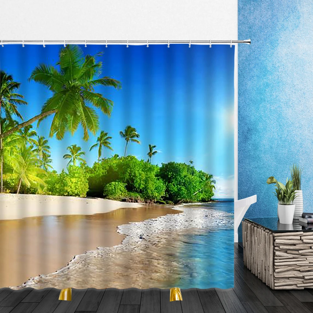 

Summer Scenery Shower Curtains Beach Waves Coconut Tree 3D Print Waterproof Bathroom Decor Home Bathtub Polyester Curtain Set