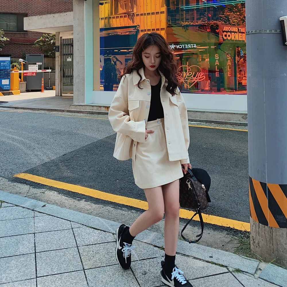 

Photo Shoot 2019 Autumn New Style Korean-style Retro CHIC-Style Cropped Jacket + High Waist Skirt Two-Piece Set WOMEN'S Suit
