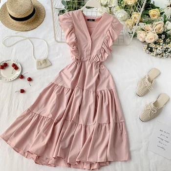 

Holiday Dress V-neck Solid Color Ruffles Sleeveless Vest Elegant Dress Women 2020 Summer New Patchwork Knee-length Dress
