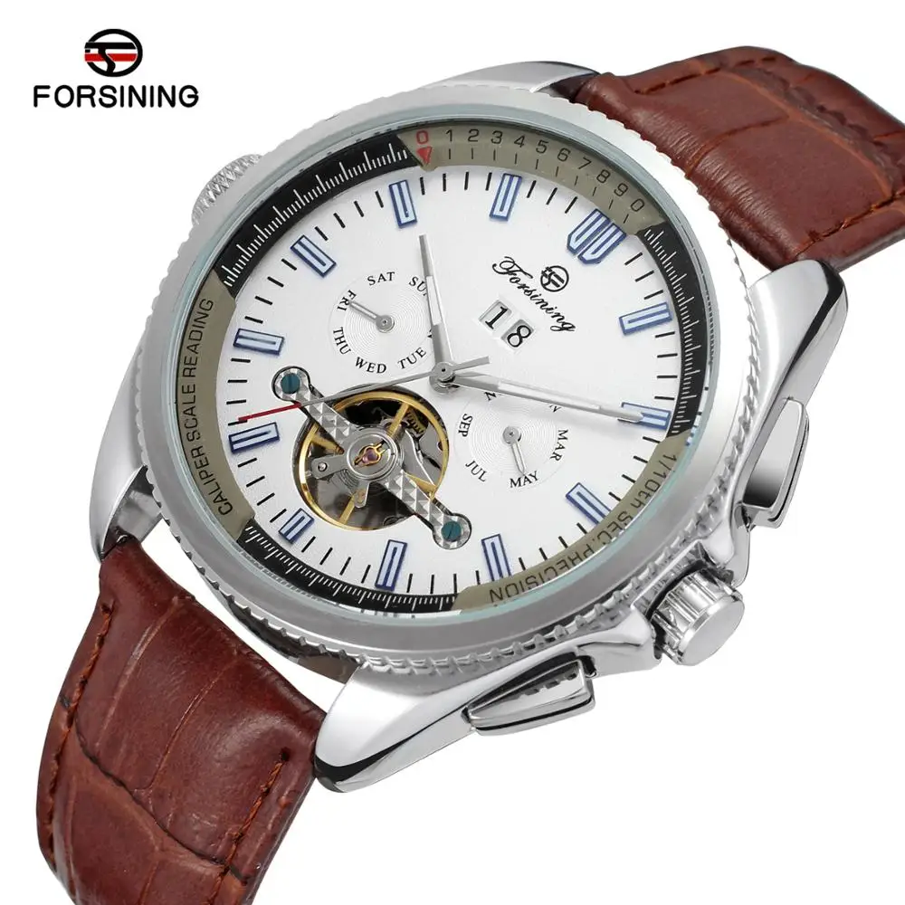 

Forsining Navigator Series Brown Leather Tourbillion Watch Blue Dial Calendar Display Men Automatic Watch Top Brand Luxury Clock