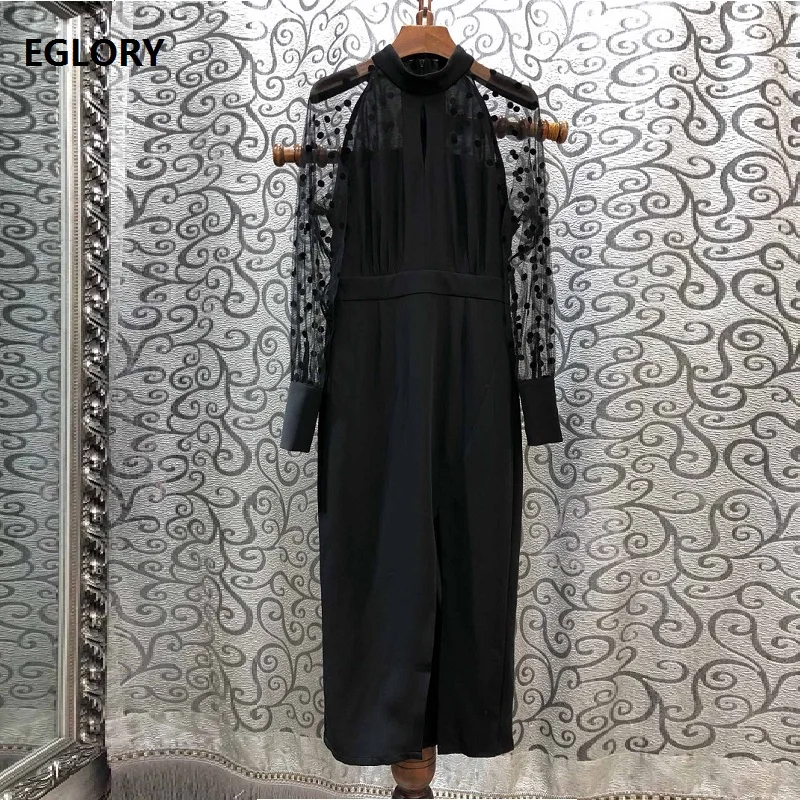 

Top Quality New 2019 Autumn Bodycon Dress Women Stand Neck Sexy Sheer Polka Dot Mesh Patchwork Long Sleeve Black Pencil Dress