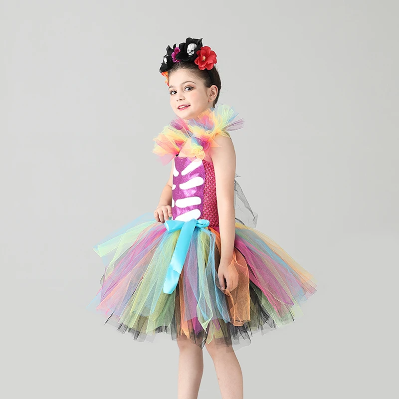 Day of the Dead Girl Skeleton Fancy Tutu Dress Halloween Dress Up Party Kids Baby Costume Funky Punk Bones Tutu Dress for Girls (7)
