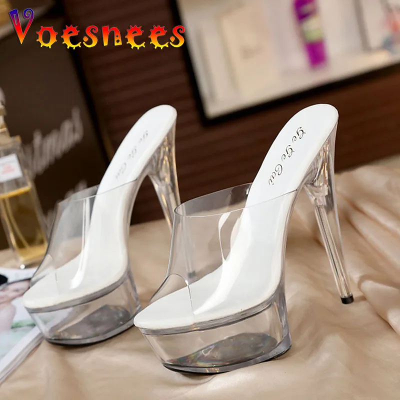 Women Shoes High Quality Female Model T Station Catwalk Sexy Crystal Transparent Shoes 15CM High Heels Waterproof Head Sandals