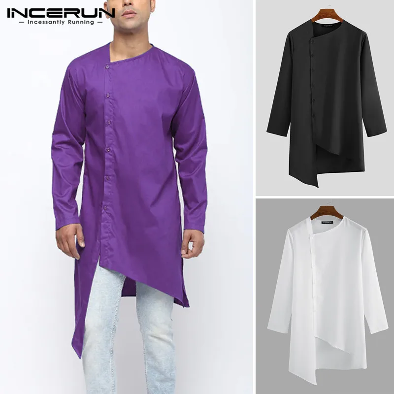 

INCERUN Men Irregular Shirt Casual Long Sleeve Solid Color Button Long Shirts Indian Clothes Men Kurta Vintage Muslim Tops S-3XL