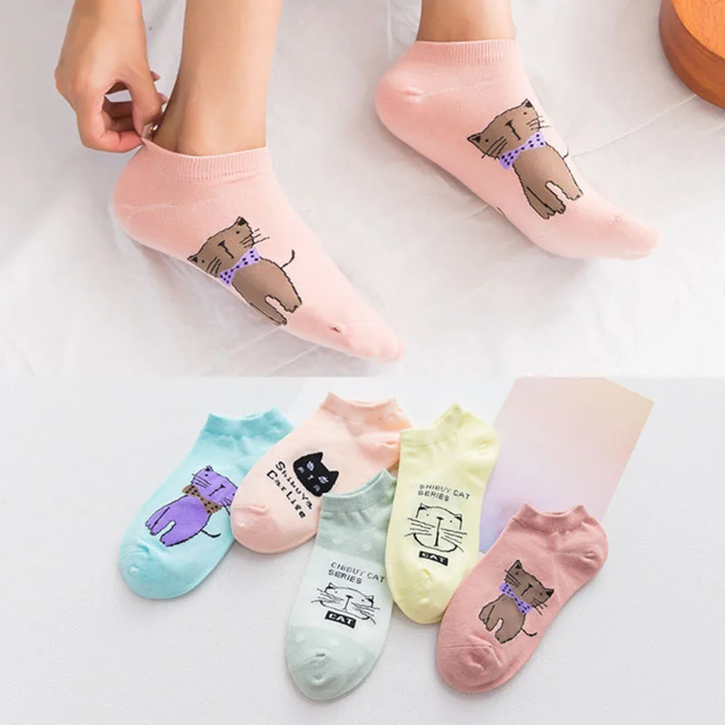 5 пар Новых весенне-летних Хлопковых Носков в Корейском стиле с милым мультяшным котом для женщин носки-башмачки пяти цветов