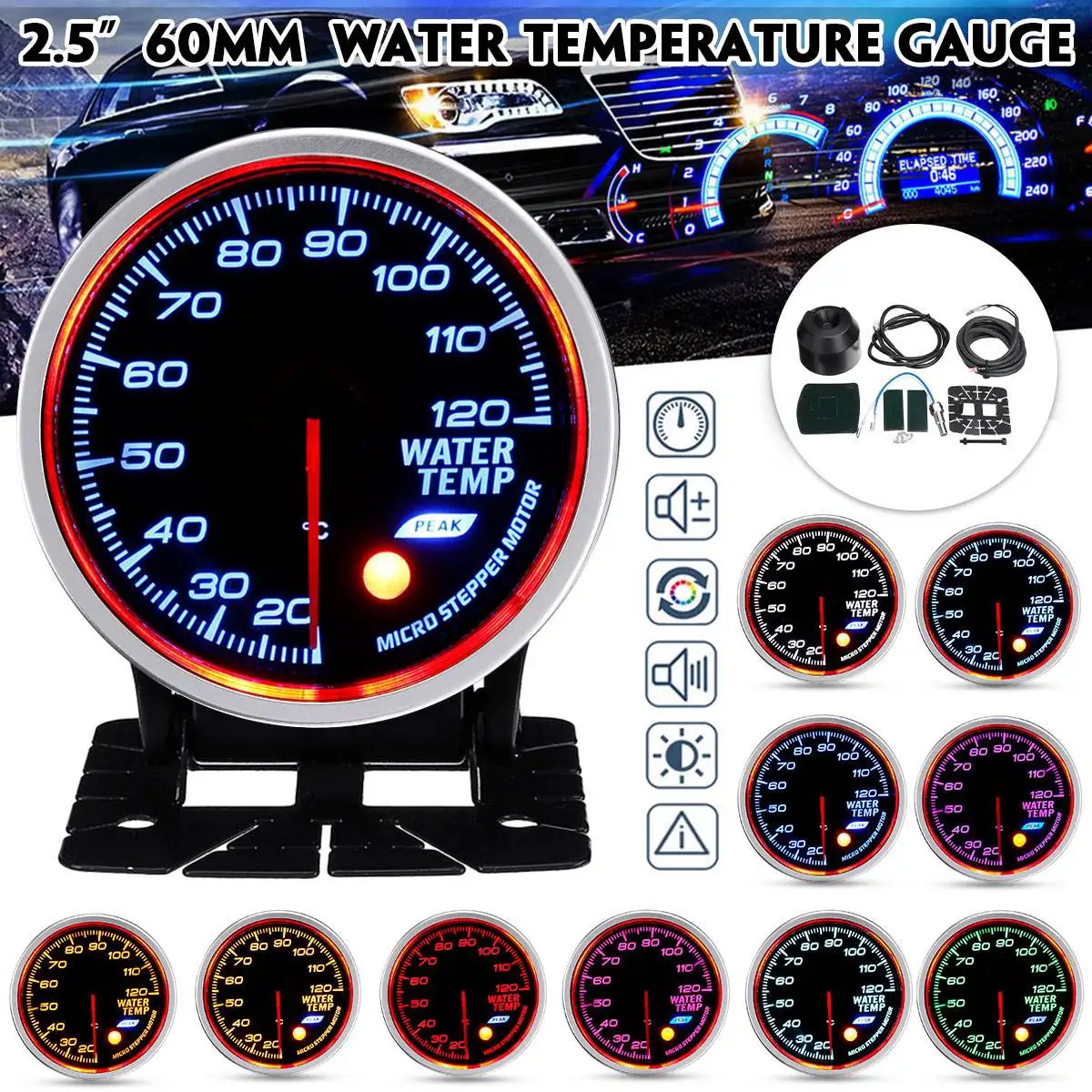 2," 60 мм Универсальный Автомобильный датчик светодиода Turbo Boost Gauge Bar PSI температура воды Температура масла давление Тахометр вольт выхлопной газ Воздух Топливо - Цвет: Water Temp Gauge