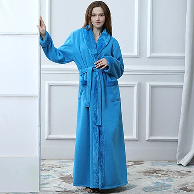 Зимний удлиненный теплый фланелевый банный халат для мужчин и женщин, роскошный термо халат, мужской халат с мягкой сеткой и мехом, мужские халаты - Цвет: Women Fur Light Blue
