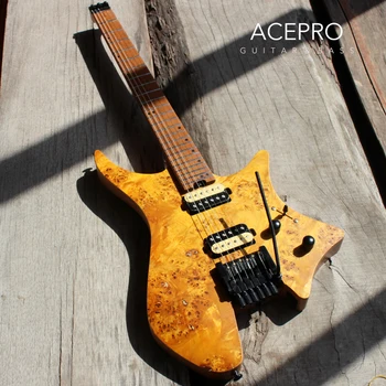 

In Stock ACEPRO Headless Electric Guitar Artec Pickups Honey Color American Ash + Burl Maple top Double Locking Tremolo Bridge