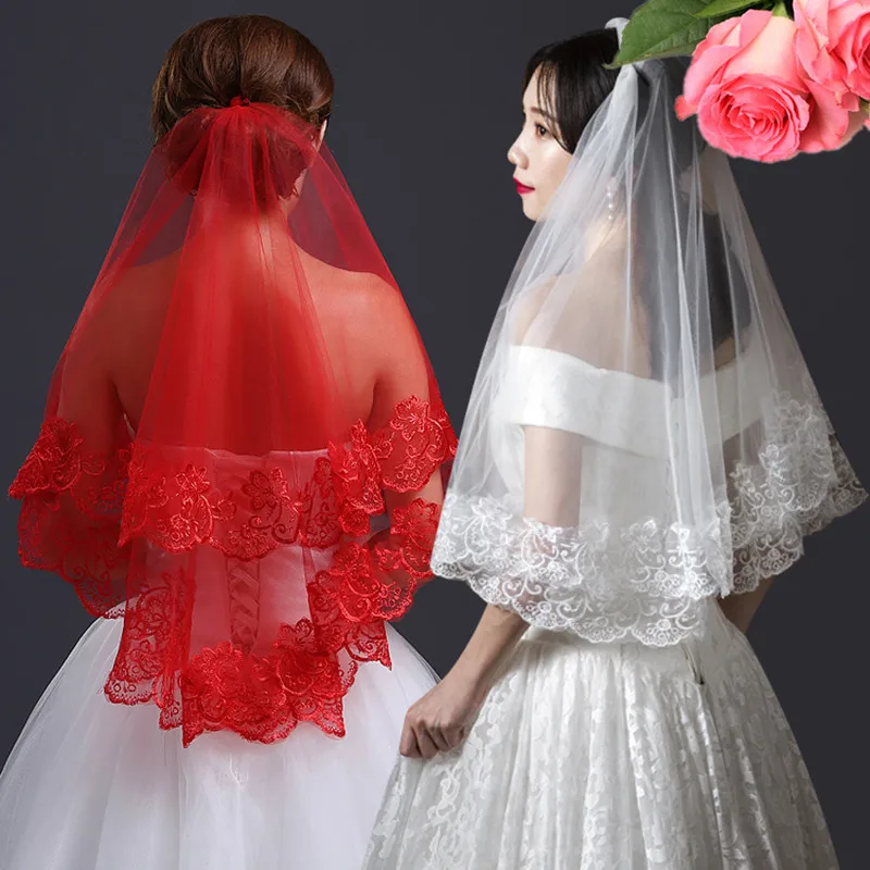 

2019 Women 150cm Bridal Short Wedding Veil White One Layer Lace Flower Edge Appliques White Ivory Red No Comb