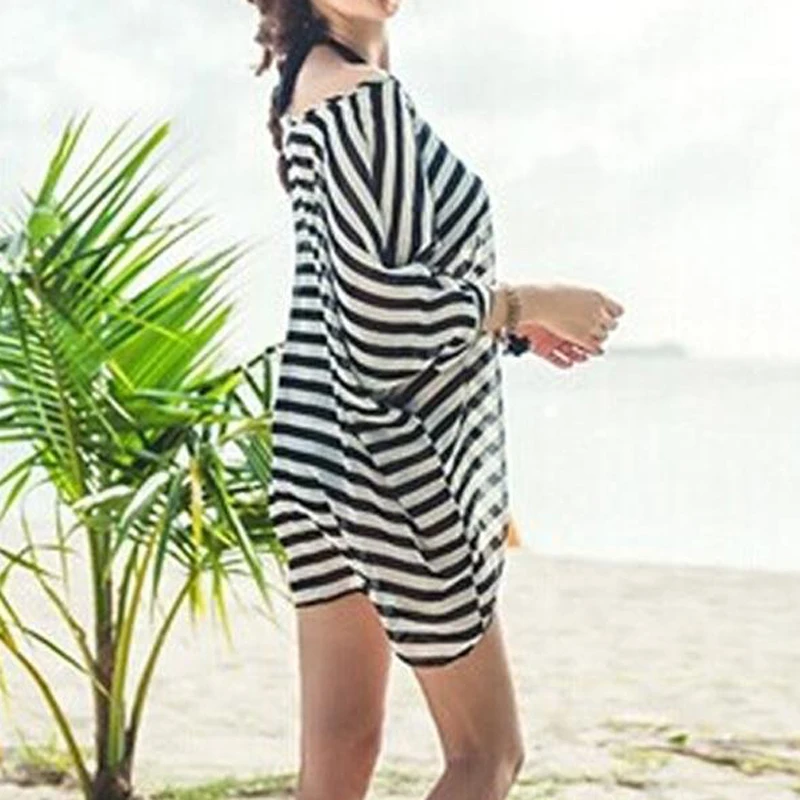 Women Bikini Swimwear Cover-Up Beach Dress Oversized Chiffon Bathing Suit Black and white stripes