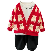 Conjuntos de ropa para bebés y niños pequeños, cárdigan con Oso de dibujos animados, chaqueta, camiseta, pantalones, trajes infantiles 2022
