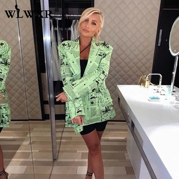 

WLWXR Long Sleeve Sexy Blazer Women Newspaper Print Green Blazer Female Autumn Winter Breasted Oversized Blazer Office Jacket