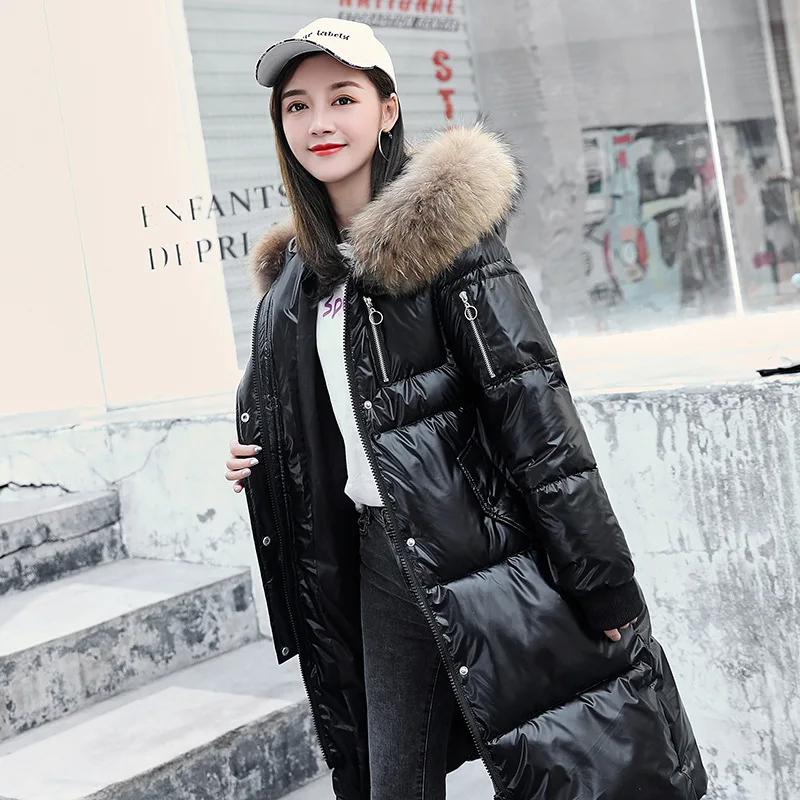 Fashion Winter Womens Long Glossy Big Fur Silver Down Jackets Hooded Coat Down Parkas Thick Winter Jacket Women Outwear