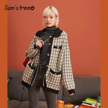 

SAM'S TREE Green Plaid Tweed Pocket Women Wool Coat 2019 Winter Black And White Single Metal Button Casual Female Outwears
