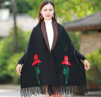 

Brand Designer new cashmere Poncho shawl with sleeves women in autumn winter thick warm double-sided solid tassel cloak girls