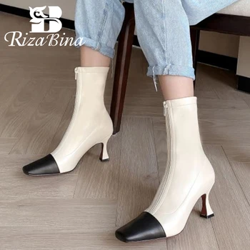 

RIZABINA Women Geneuine Leather Shoes Ankel Boots Sqaure Toe Zipper Mixed Color Thick Heel Fashion Ladies Footwear Size 34-42