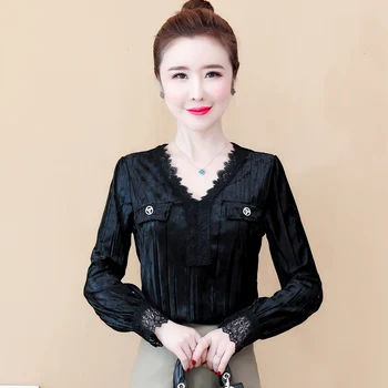 

COIGARSAM Vintage Patchwork Lace blouse women Spring blusas womens tops and blouses White Black Apricot 041