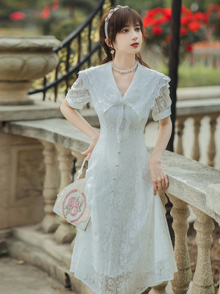 

2021 Summer New Women's White Dress College Style Navy Collar Beaded Bowknot Dress Party Evening Daily Dress Lace Dress