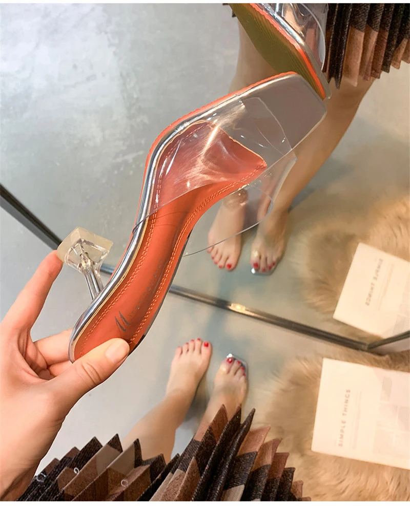 Green Silver Open Toe High Heels Women PVC Jelly Slippers 7CM9CM Transparent Perspex Slippers Shoes Heels Clear Sandals Size 40 (3)