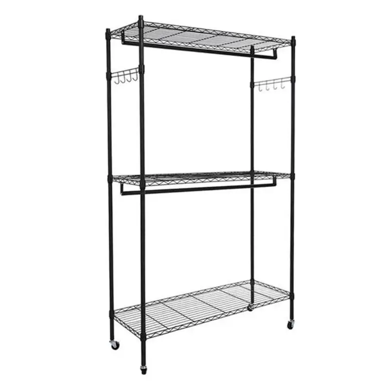 

2 Tier Rod Closet Organizer Garment Rack Clothes Storage Hanger Shelf Hooks