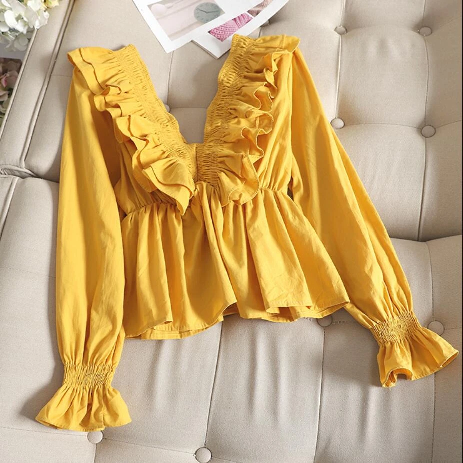 white ruffle neck blouse long sleeve