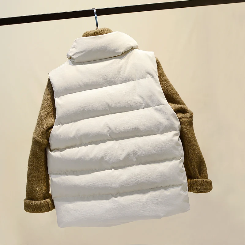 Модный корейский хлопковый жилет пальто для женщин Зима Осень Белый Черный без рукавов с карманами Повседневная прямая куртка жилет