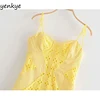 2022 Women Yellow Lace Trim Spaghetti Strap Bodycon Mini Dress Romantic Lady Backless Sleeveless Party Club Sexy Dress ► Photo 3/6