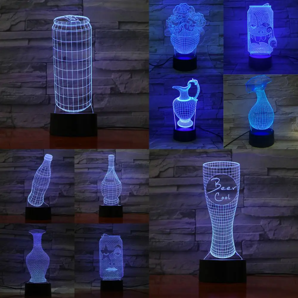 3D бутылка лампа Акриловая тарелка сенсорный беспроводной USB пивная ваза Can Bar Luminaria вечерние магазин украшение стола мальчики подарок на день рождения праздник