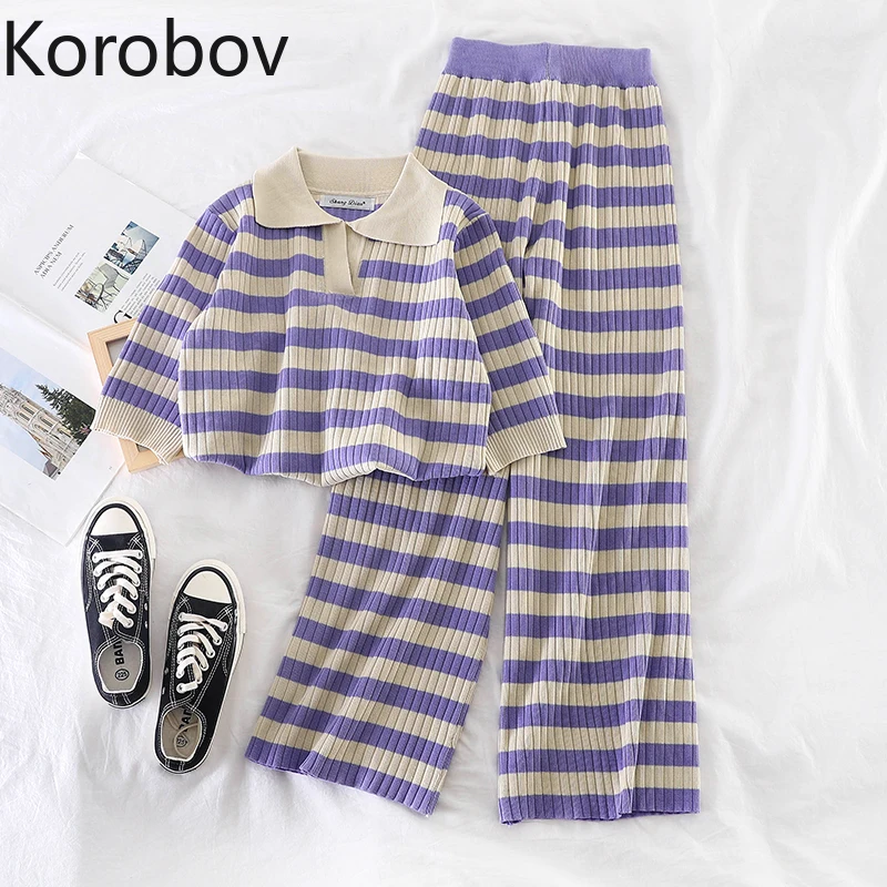 

Korobov Korean Vintage Striped Knit Women 2 Piece Sets Outfits Short Sleeve Knit Top and High Waist Wide Leg Pants Set 78806