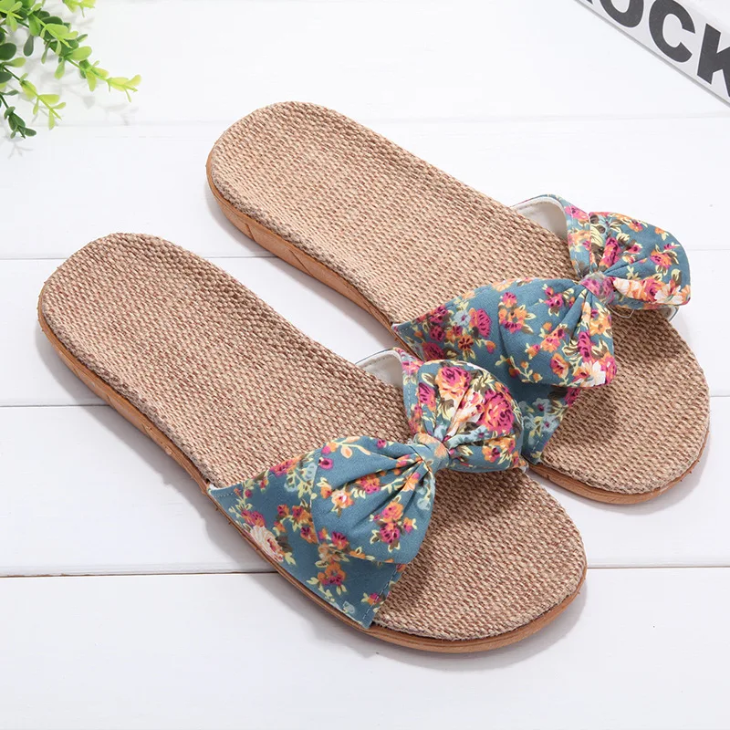 

Women Flax Slippers Summer Casual Slides Beach Shoes Ladies Indoor Linen Slippers Bohemia Floral Bow Flip Flops Sandals