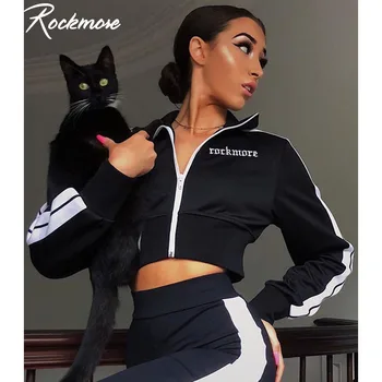 

Rockmore Black Long Sleeve Zipper Jacket Women Korea Style Harajuku Contrast Color Letter Embroidery Jackets Autumn Coat Femme