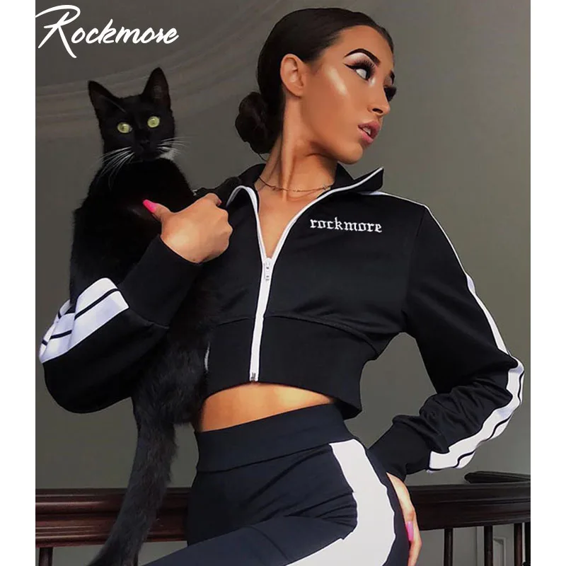 low cost  Rockmore Black Long Sleeve Zipper Jacket Women Korea Style Harajuku Contrast Color Letter Embroider