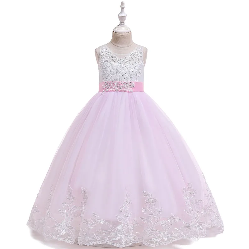 EAZII/Новое высококачественное нежное кружевное длинное платье с аппликацией и хвостом для девочек платье-пачка для девочек-подростков, платье принцессы для свадебной вечеринки для детей 3-14 лет - Цвет: Pink