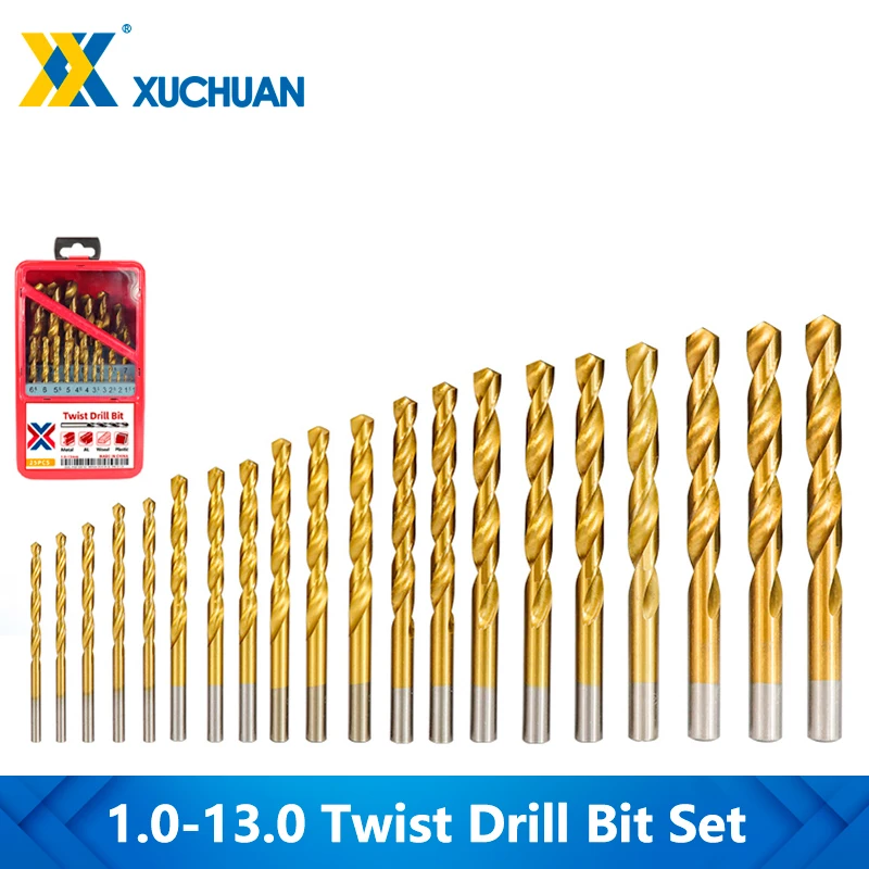 Twist Drill Bit Set TiN Coating HSS Drilling 1.0-13mm Gun Drill Bit 13-25pc For Wood Metalworking Power Tools Wood Hole Cutter