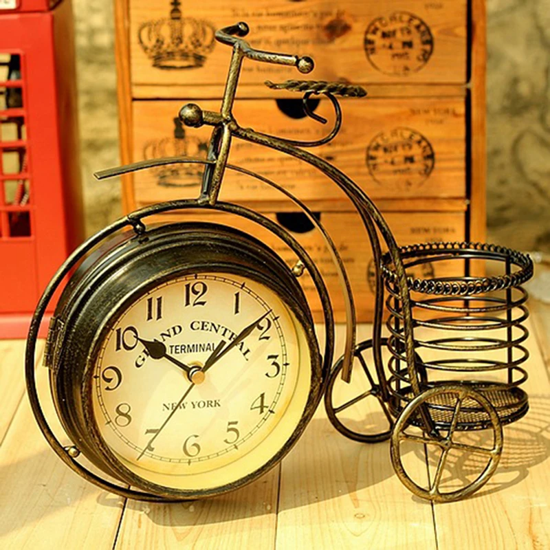 Железное искусство велосипед настольные часы Гостиная Офис Бар для кафе для дома Декор настольные часы кварцевые немой прикроватные часы
