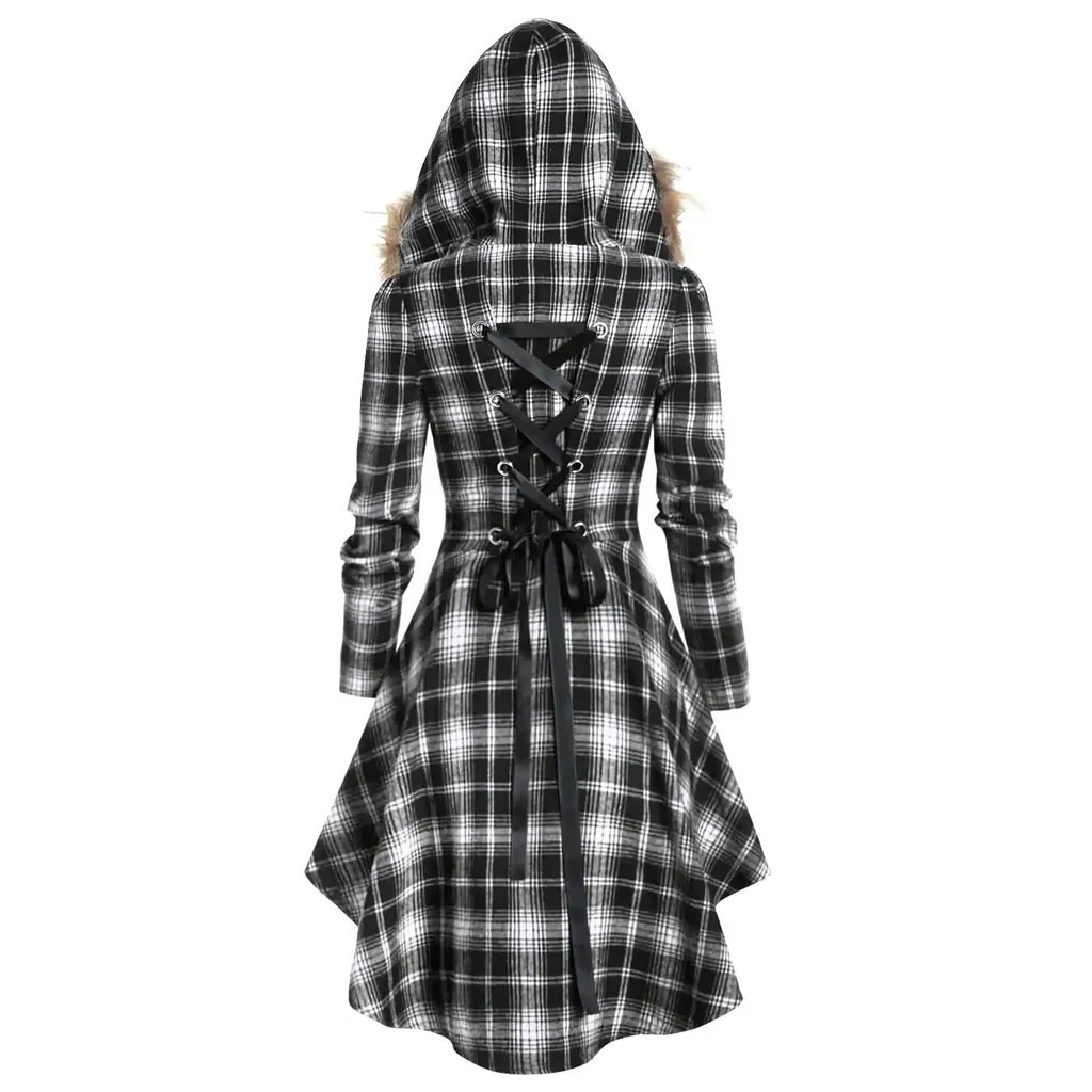 Fashion Plaid Warm Coat Casual Ladies Hooded Fur Collar Buttons Tunic Jacket Coat Female Winter Long Sleeve Womens Outerwear