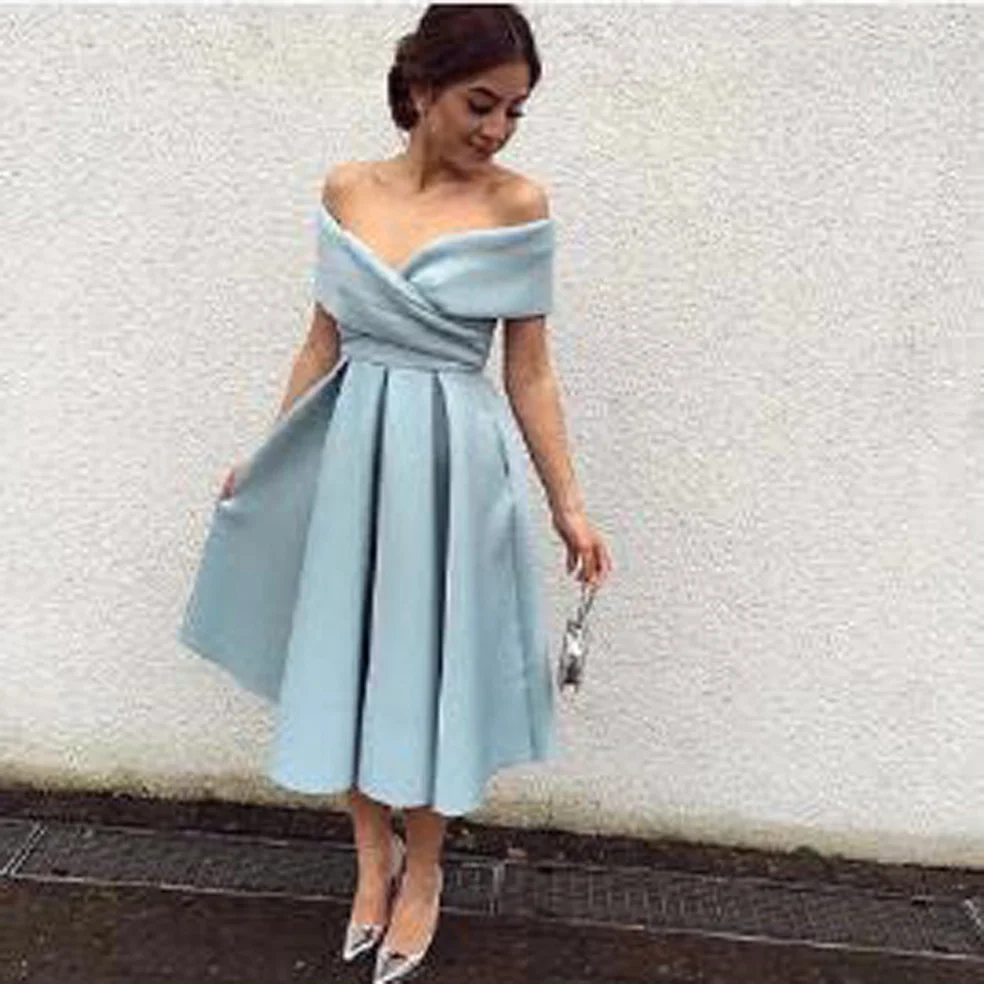 

vintage Simple but Elegant Sky Blue Off the Shoulder Pleated Tea Length Prom bridesmaid Dresses
