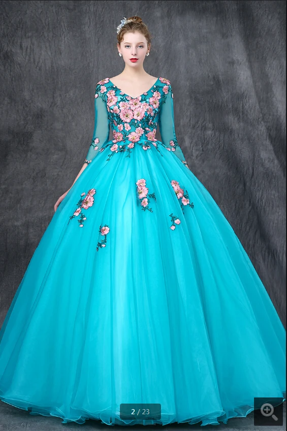 vestido de festa Голубое Кружевное с аппликацией бальное платье для выпускного вечера 3/4 рукав скромный v-образный вырез Бальные платья
