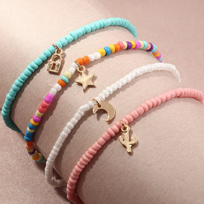 4PCS/SET Bohemian Color Multilayer Anklet Women Mixed Star Moon Cactus Lock Pendant Summer Beach Casual Jewelry Friendship Gift - Image 3