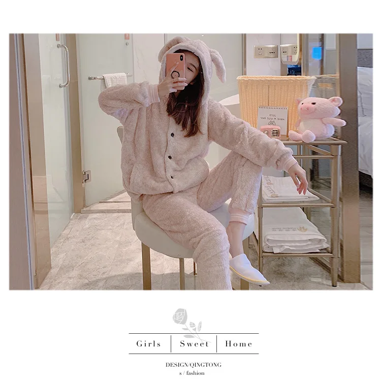 Spring and autumn and winter Korean version coral velvet Pajama women's winter lovely flannel home clothes thickened and warm