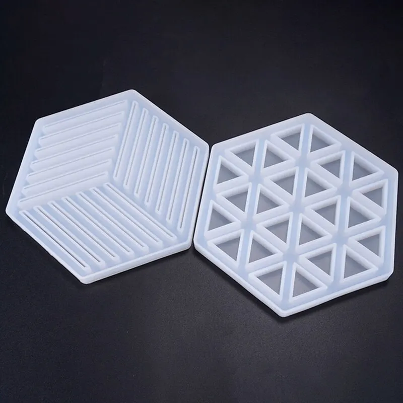 New Silicone Hexagon Shaped Coaster Mold Resin Epoxy Casting Mold DIY Striped Triangle Hollow Coaster Pad Mold Handcraft  Tool