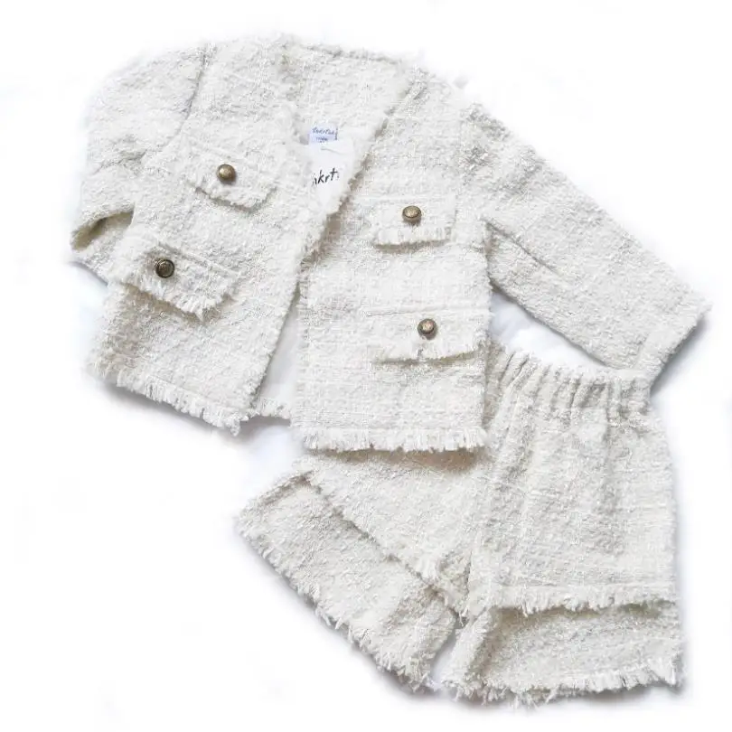 Комплекты для маленьких девочек, белое твидовое пальто+ шорты комплекты из 2 предметов детская одежда элегантный наряд принцессы высокого качества детские куртки ws1035